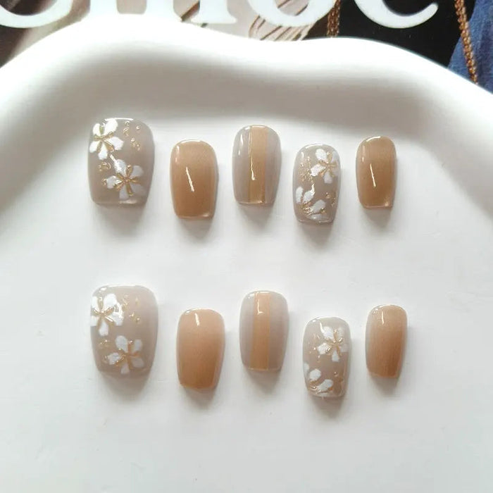 Spring Nude Taupe Press-On Nails with White Flowers and Gold Accents