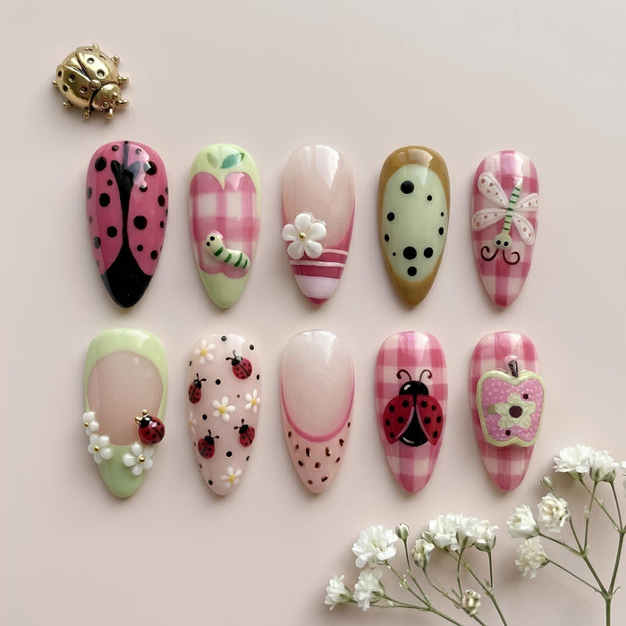 Spring Picnic Gingham Press-On Nails With Ladybugs, Flowers, and 3D Details