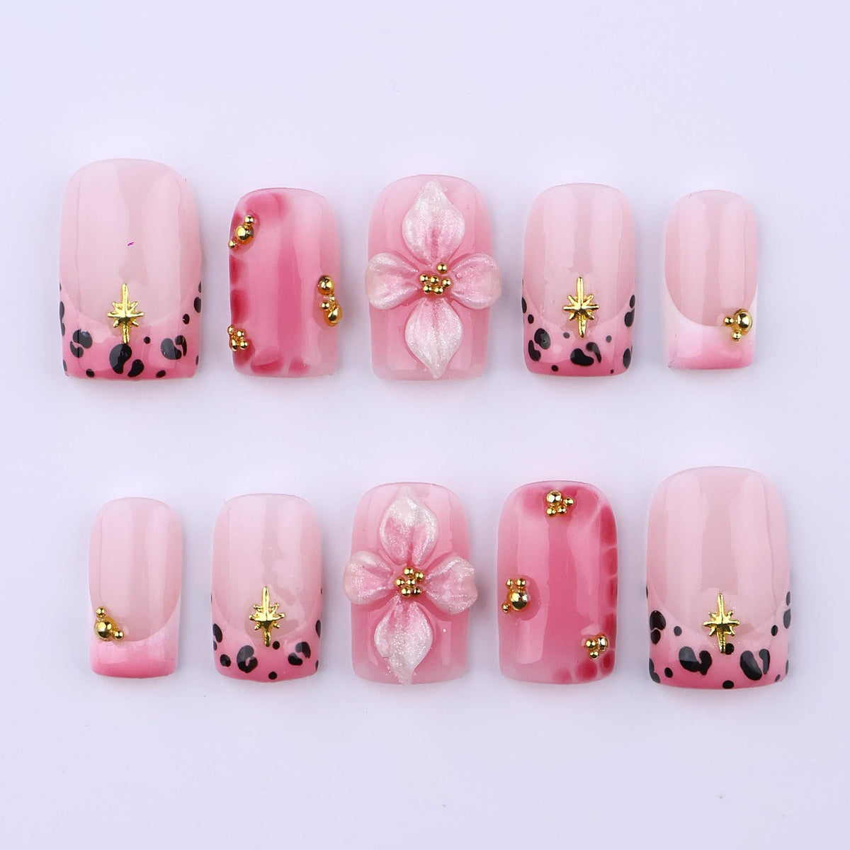 Spring Pink Leopard Press-On Nails with 3D Flowers and Gold Star Charms