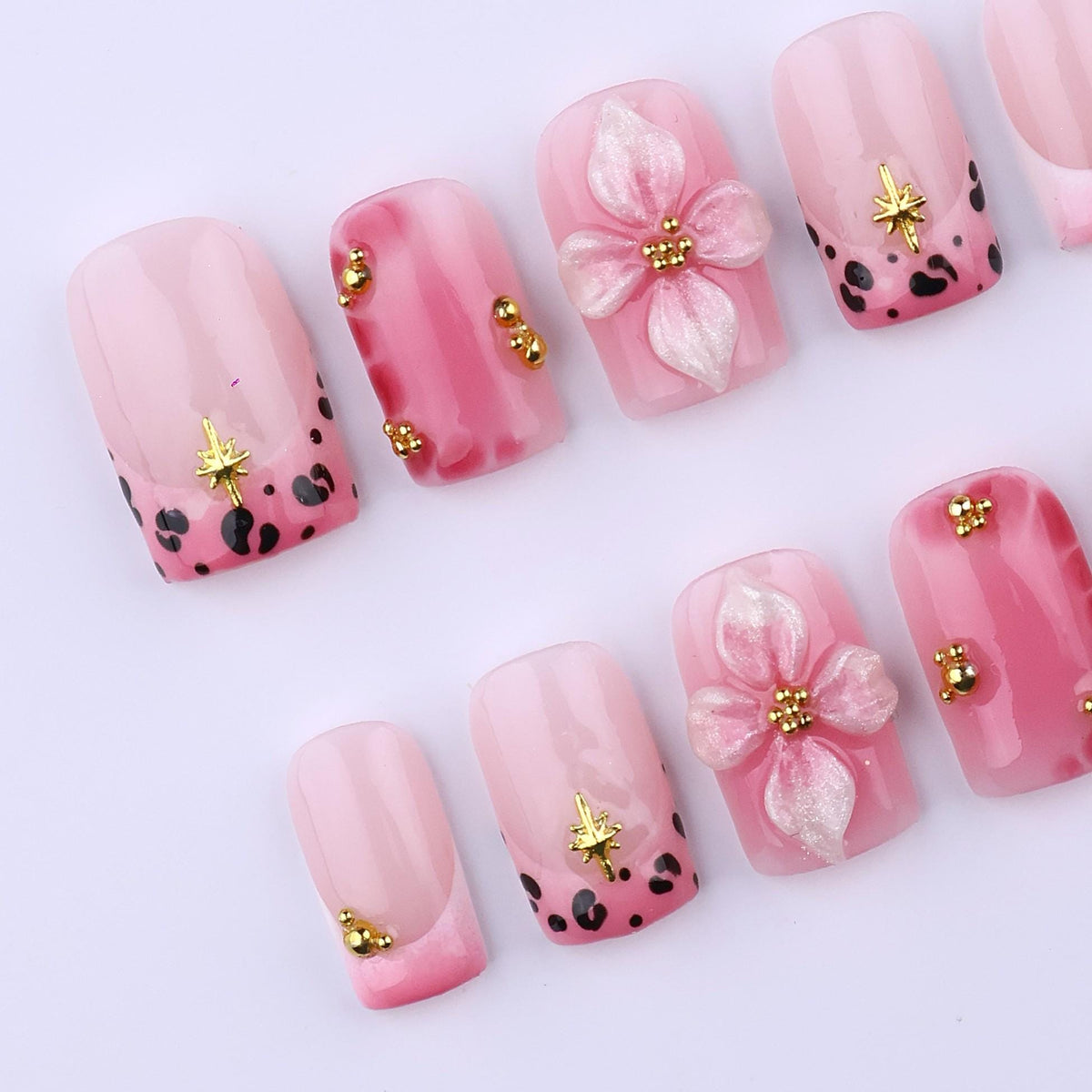 Spring Pink Leopard Press-On Nails with 3D Flowers and Gold Star Charms