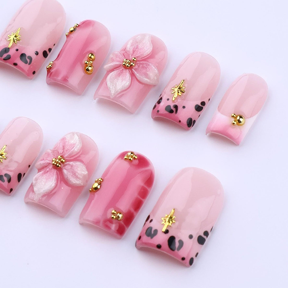 Spring Pink Leopard Press-On Nails with 3D Flowers and Gold Star Charms