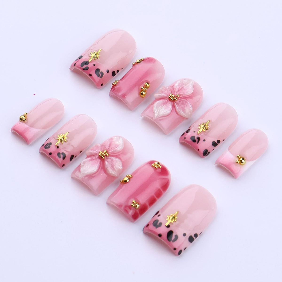 Spring Pink Leopard Press-On Nails with 3D Flowers and Gold Star Charms