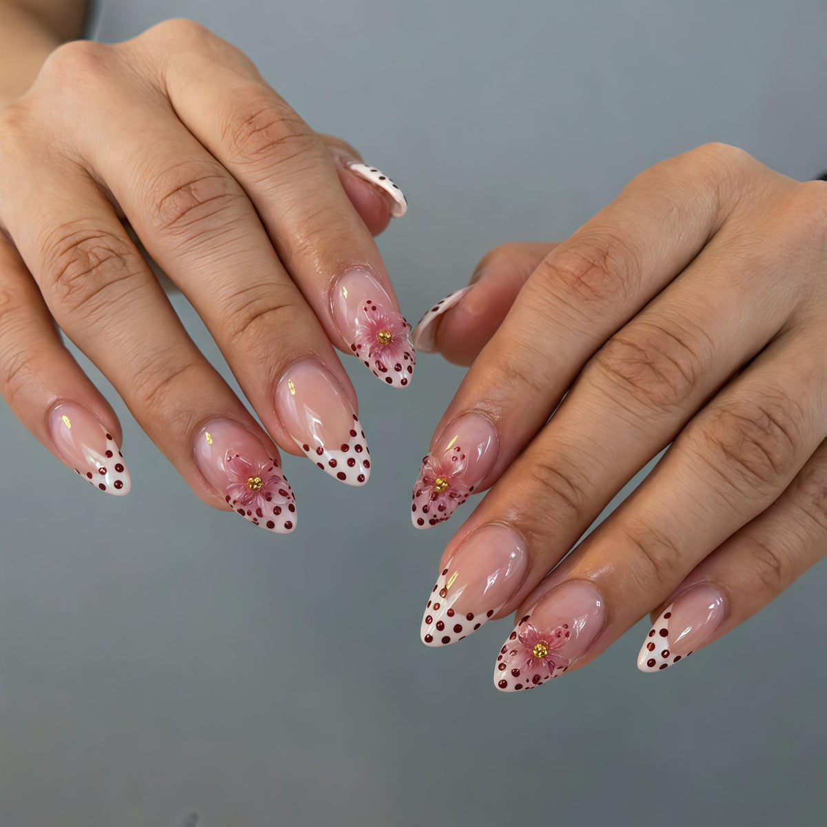 Spring Pink-Nude French Tip Press-On Nails with Burgundy Polka Dots and Pink Flowers