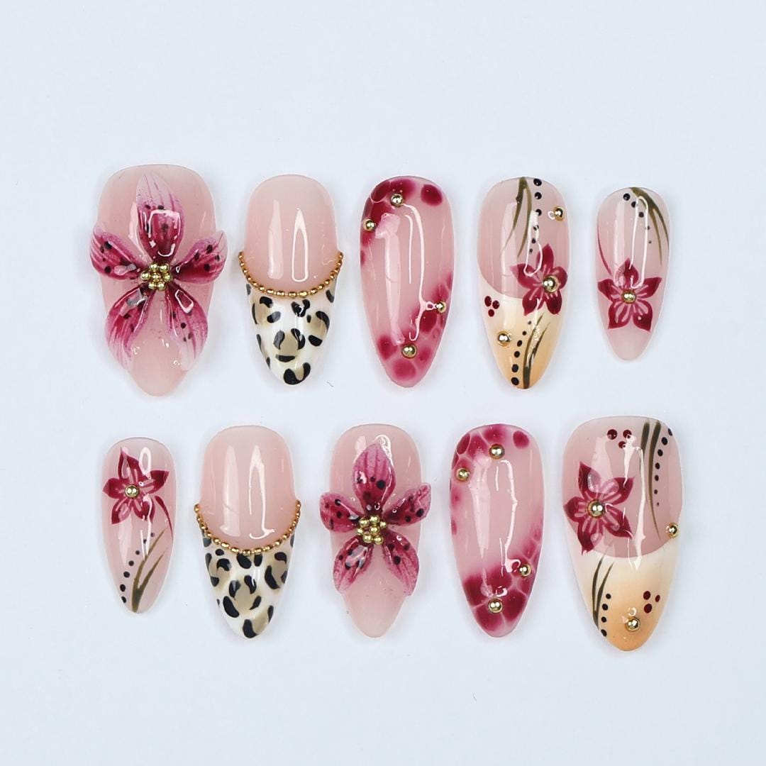 Spring Pink Sakura Floral Press On Nails with Leopard French Tips and Gold Accents