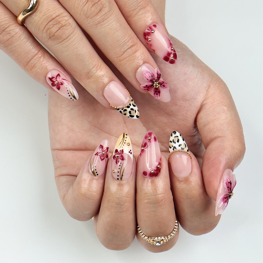 Spring Pink Sakura Floral Press On Nails with Leopard French Tips and Gold Accents