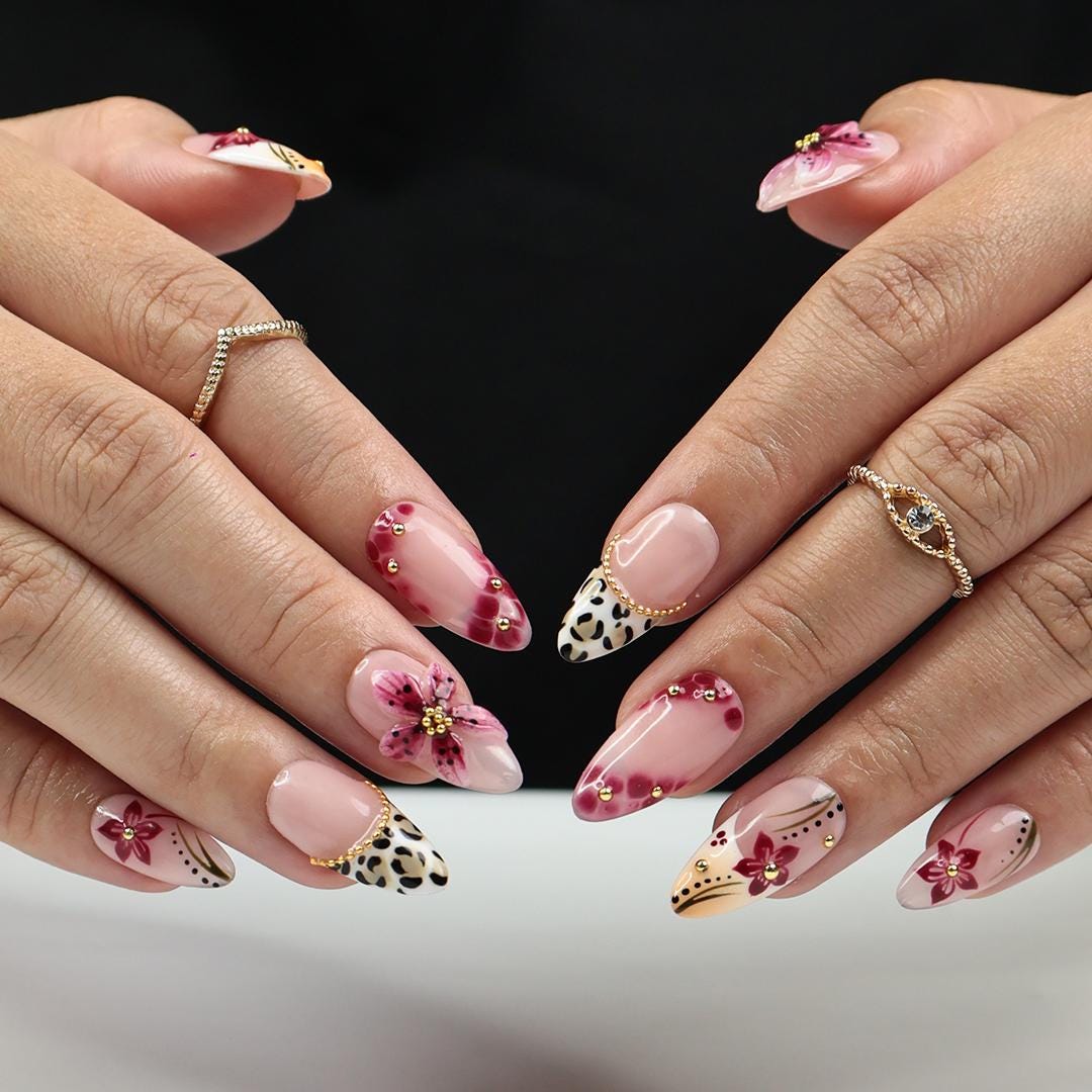 Spring Pink Sakura Floral Press On Nails with Leopard French Tips and Gold Accents