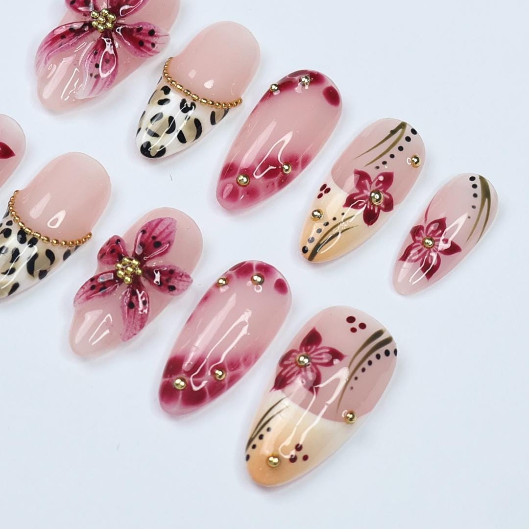 Spring Pink Sakura Floral Press On Nails with Leopard French Tips and Gold Accents