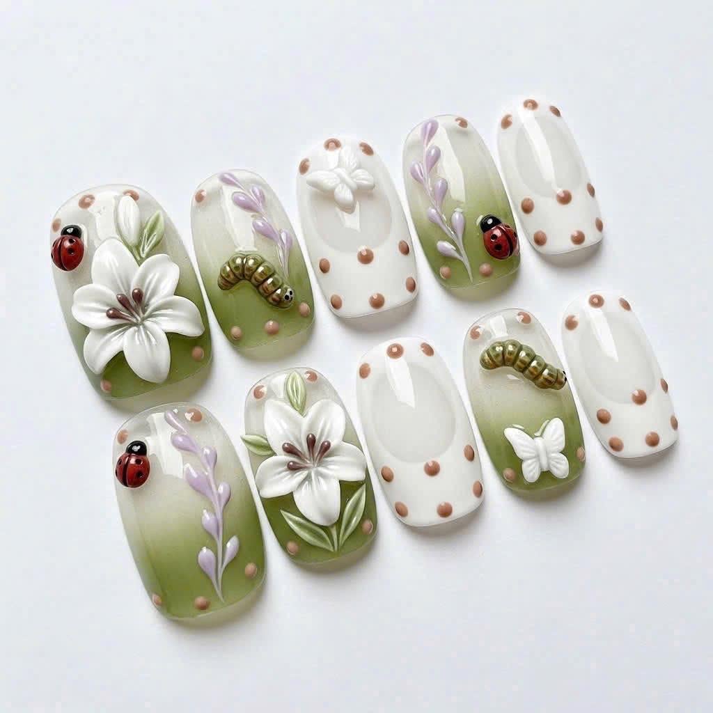 Spring Sage Green Garden Press-On Nails with 3D Flowers, Ladybugs and Polka Dots