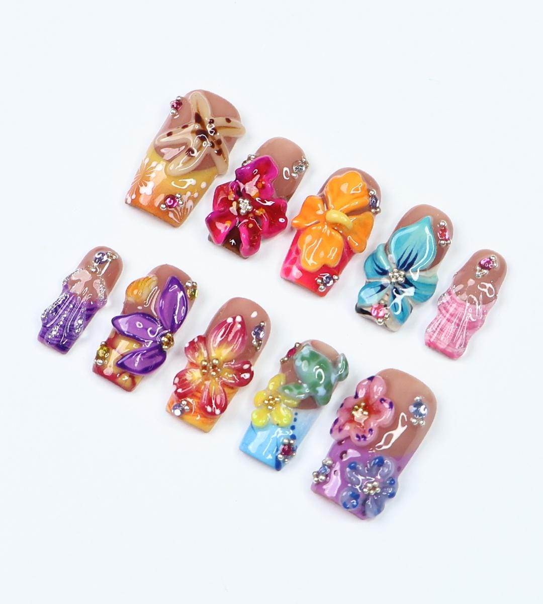 Spring Tropical 3D Floral Press-On Nails with Rhinestones and Multicolor Accents