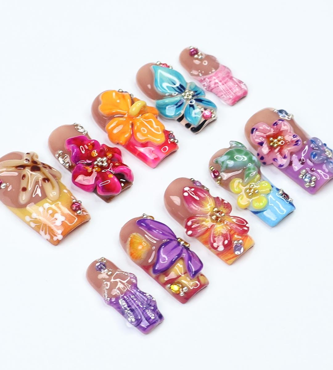 Spring Tropical 3D Floral Press-On Nails with Rhinestones and Multicolor Accents