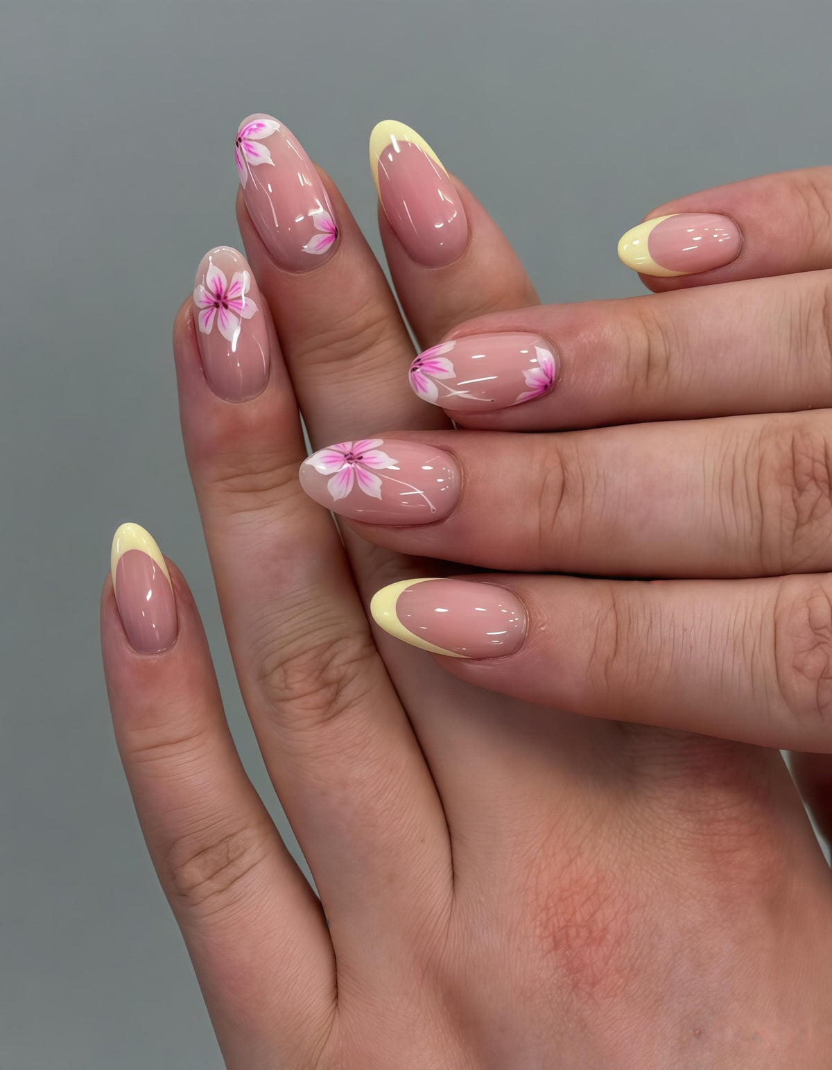 Spring Yellow French Tip Press-On Nails With Pink Daisy Floral Design