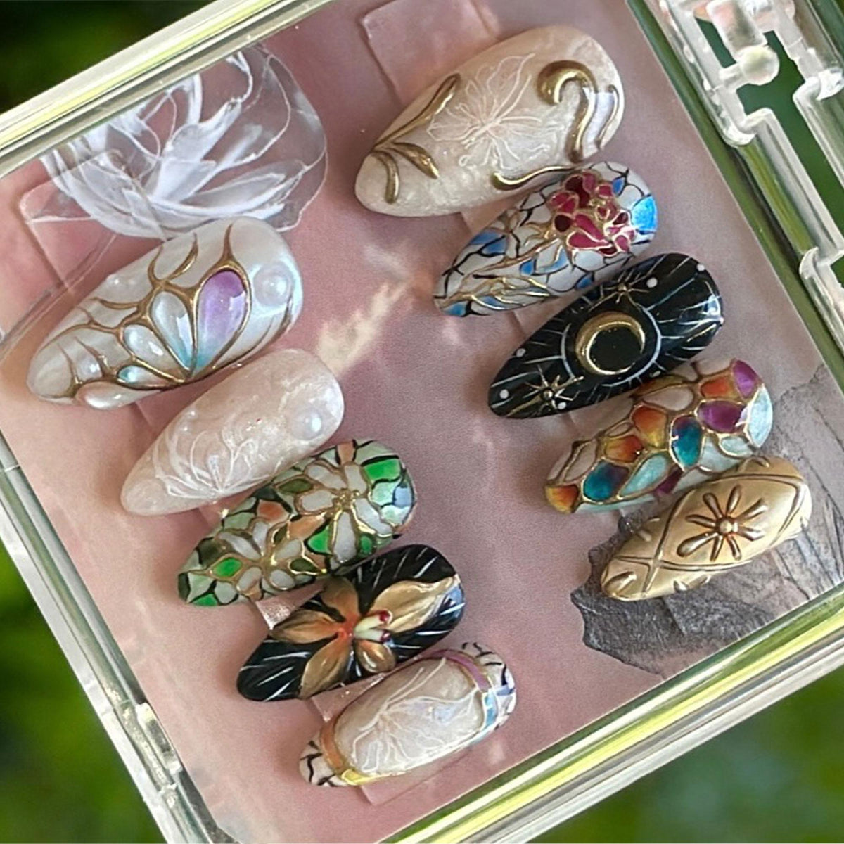 Stained Glass Butterfly and Floral Nails with Raised Gold Details