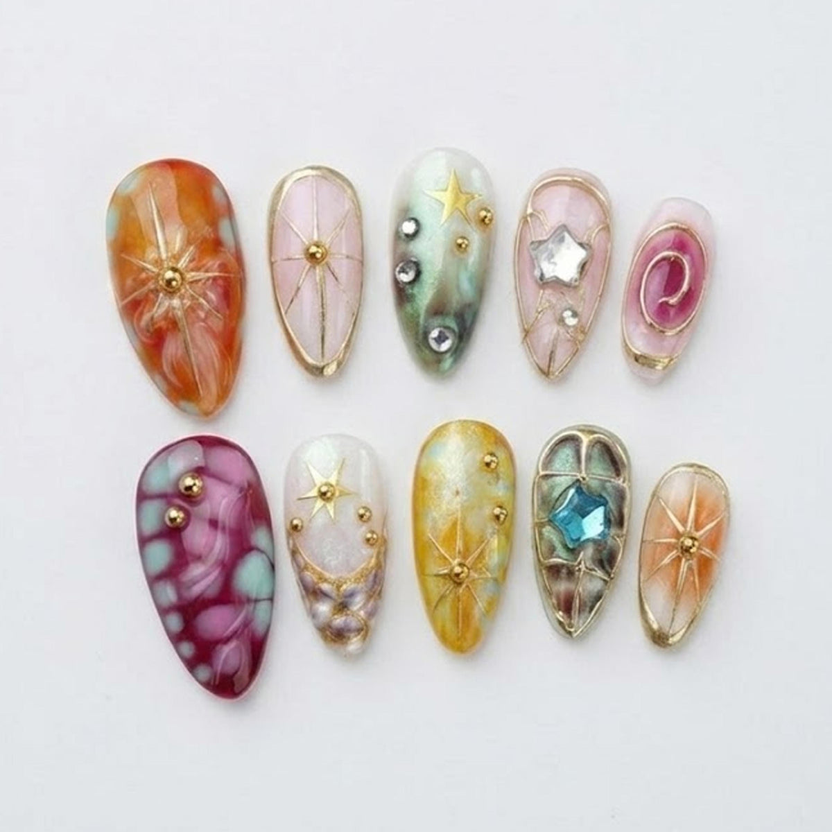 Stained Glass Celestial Press-On Nails with Marbling, Gold Linework and Gem Accents