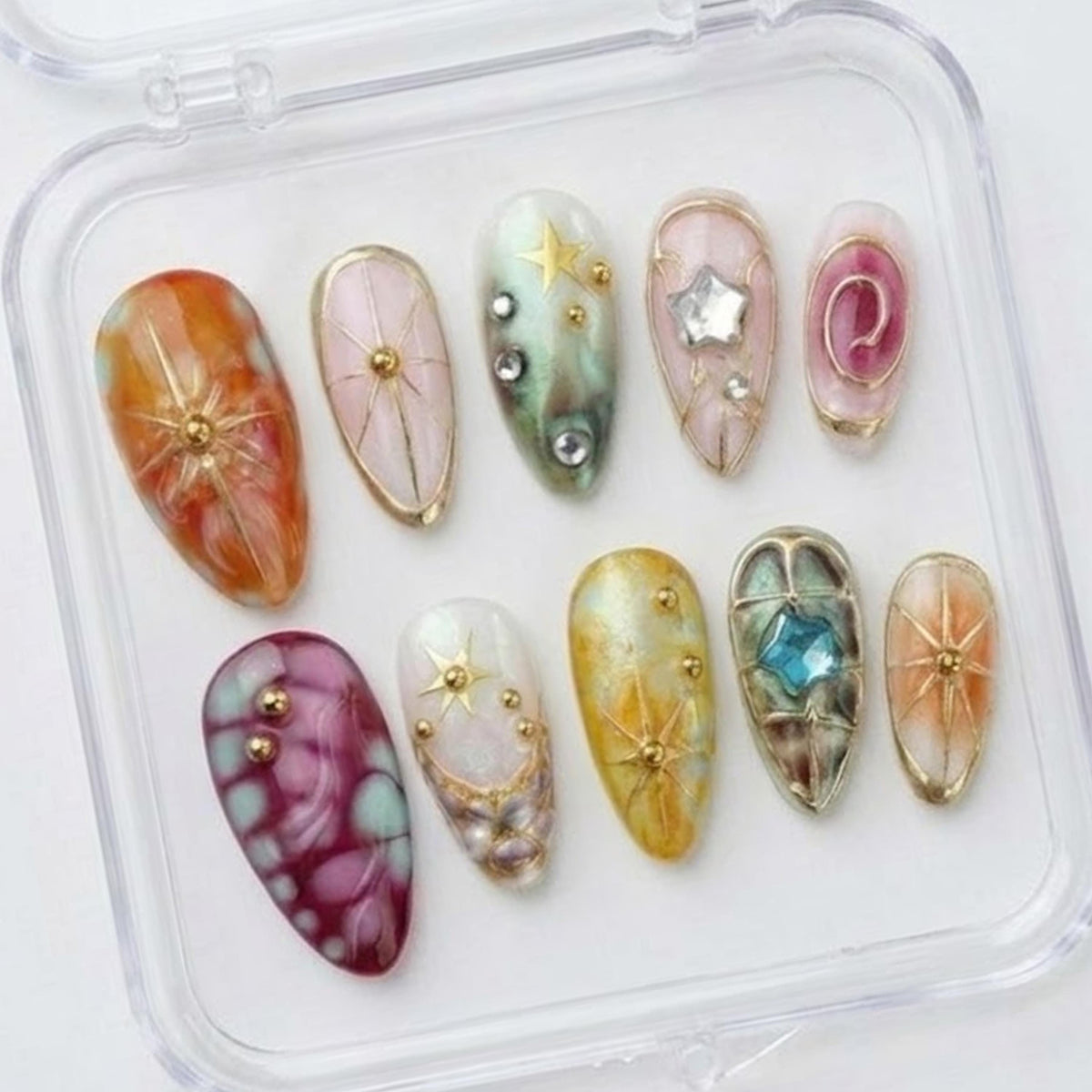 Stained Glass Celestial Press-On Nails with Marbling, Gold Linework and Gem Accents