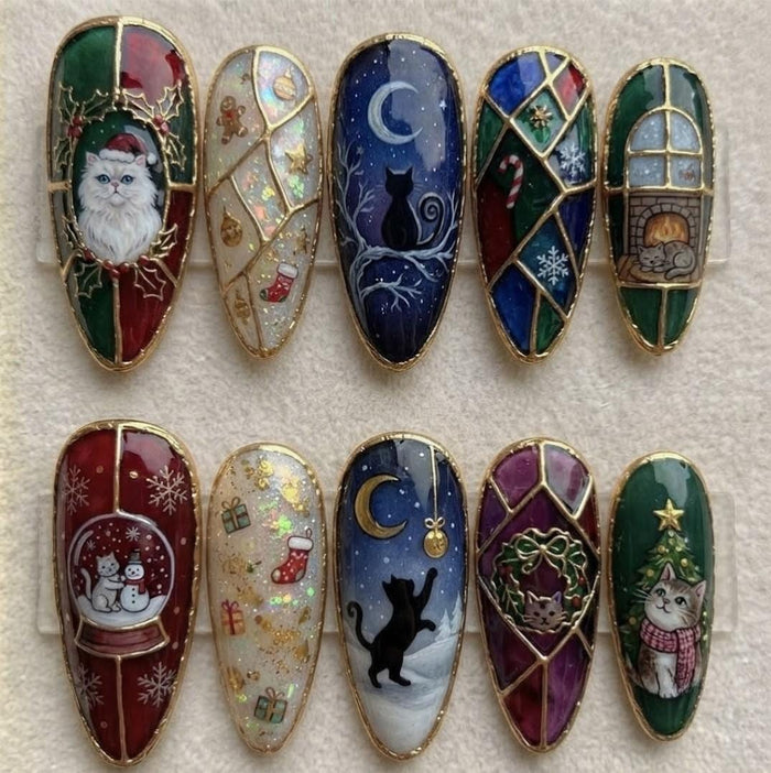 Stained Glass Christmas Cat Press On Nail Set With Gold Outlines
