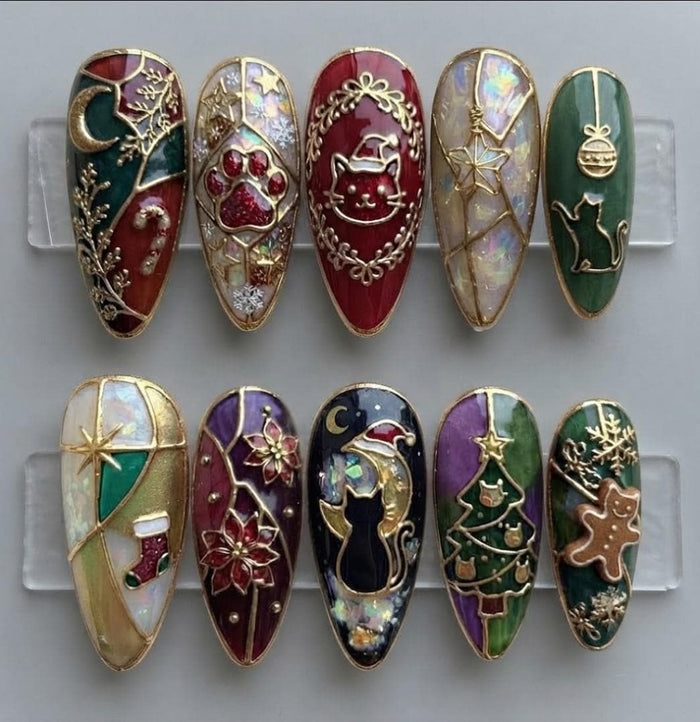 Stained Glass Christmas Cat Press On Nails With Gold-Like Details and Gems