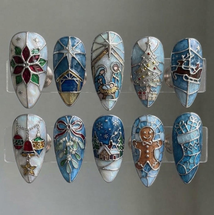 Stained Glass Christmas Press On Nail Set with Nativity, Gingerbread and Tree Details