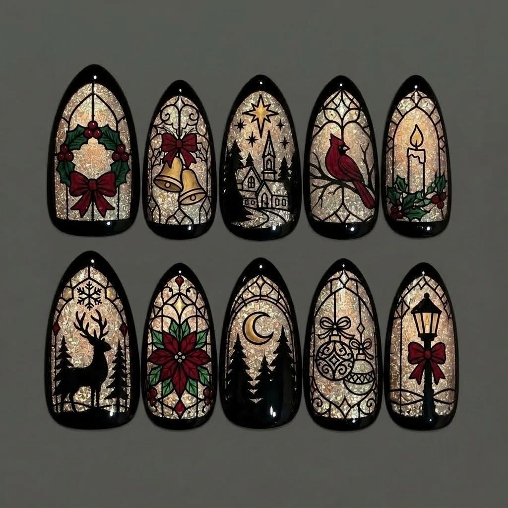 Stained Glass Christmas Nails with Gold Glitter, Cardinals, Wreaths and Poinsettias