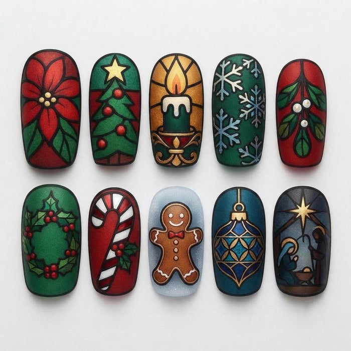 Stained Glass Christmas Press On Nails With Poinsettias, Snowflakes, and Holiday Motifs