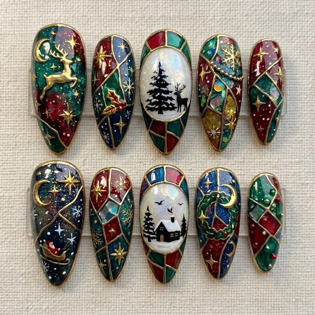 Stained Glass Christmas Nails with Reindeer, Trees, and Gold Accents