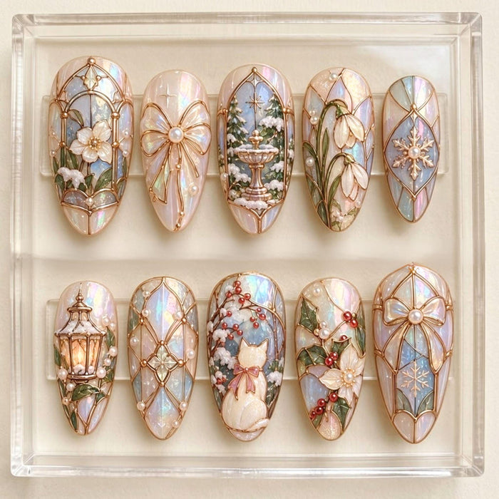 Stained Glass Christmas Winter Floral Press On Nails with Gold Lattice and Pearl Accents