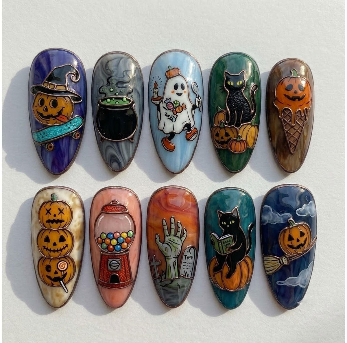 Stained Glass Halloween Nails With Pumpkins, Ghosts, Black Cats and Cauldron