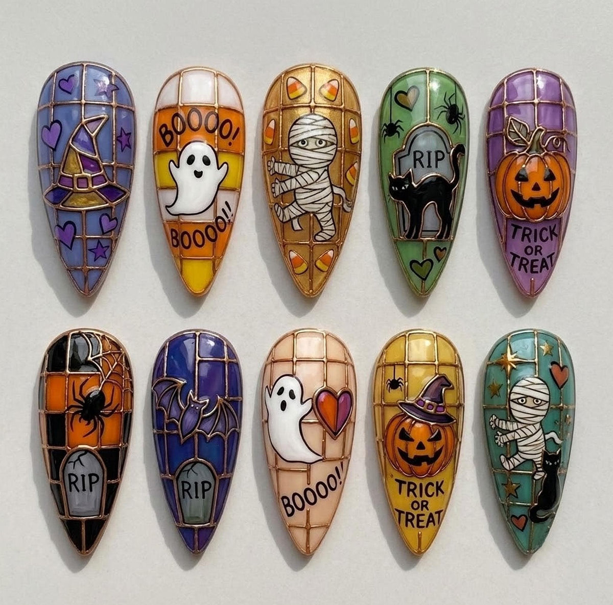 Stained Glass Halloween Press On Nail Set With Ghosts, Mummies and Pumpkins