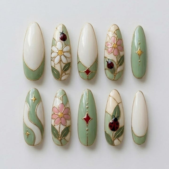 Stained Glass Ladybug and Flower Press On Nail Set in Sage Green and Ivory
