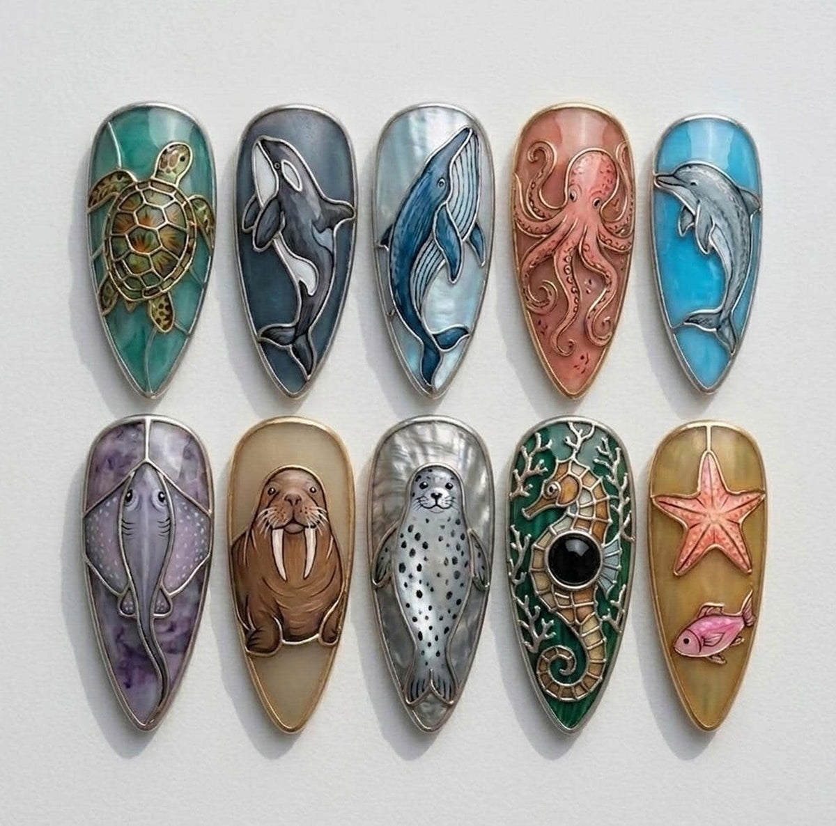 Stained Glass Marine Life Nails With Metallic Outlines