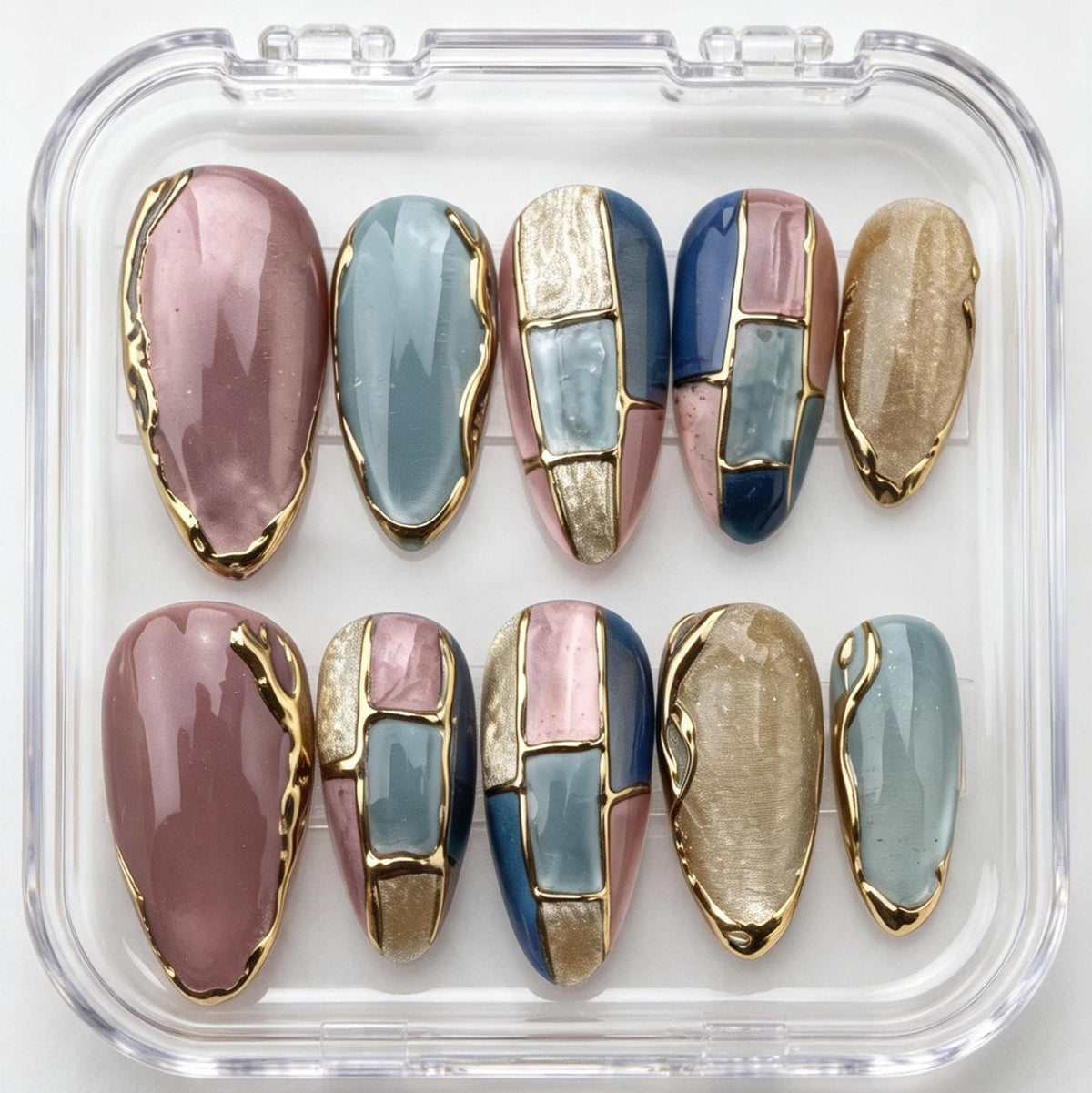 Stained Glass Mosaic Nails With Raised Gold Edging in Mauve and Blue
