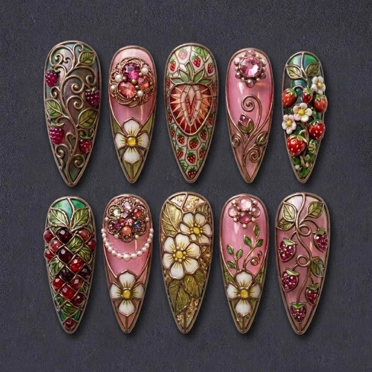 Stained Glass Strawberry and Jeweled Berry Botanical Nail Set