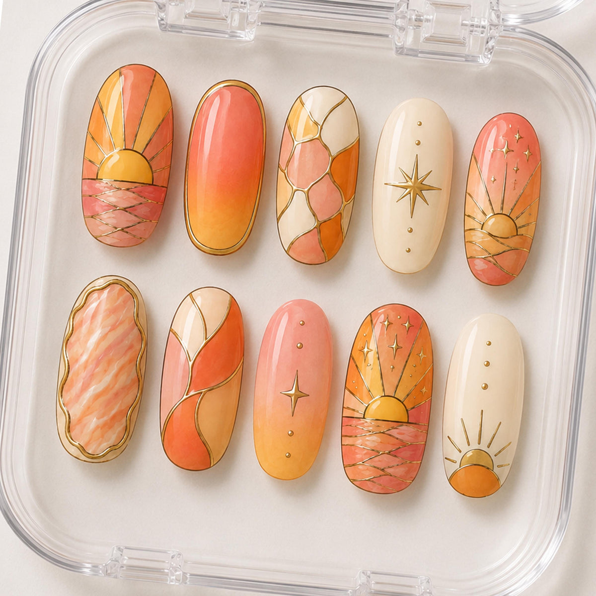 Stained Glass Sunset Press On Nails With Gold Outlines and Sunburst Details