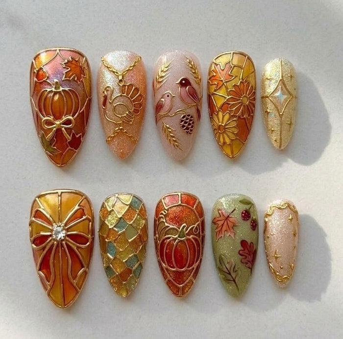 Stained Glass Thanksgiving Press On Nails With Gold Turkey, Pumpkin, Leaf and Floral Details