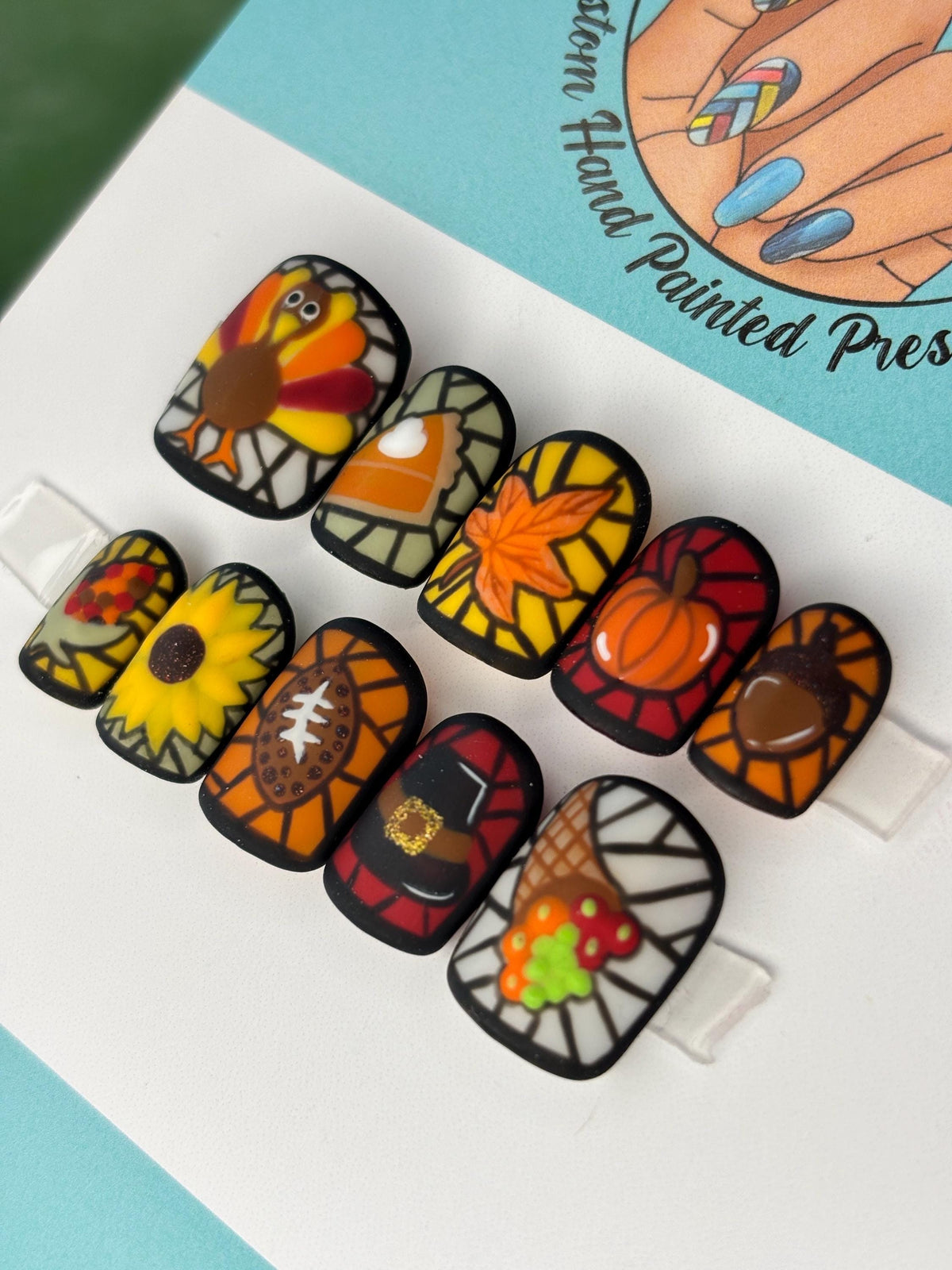 Stained Glass Thanksgiving Press On Nails With Autumn Motifs