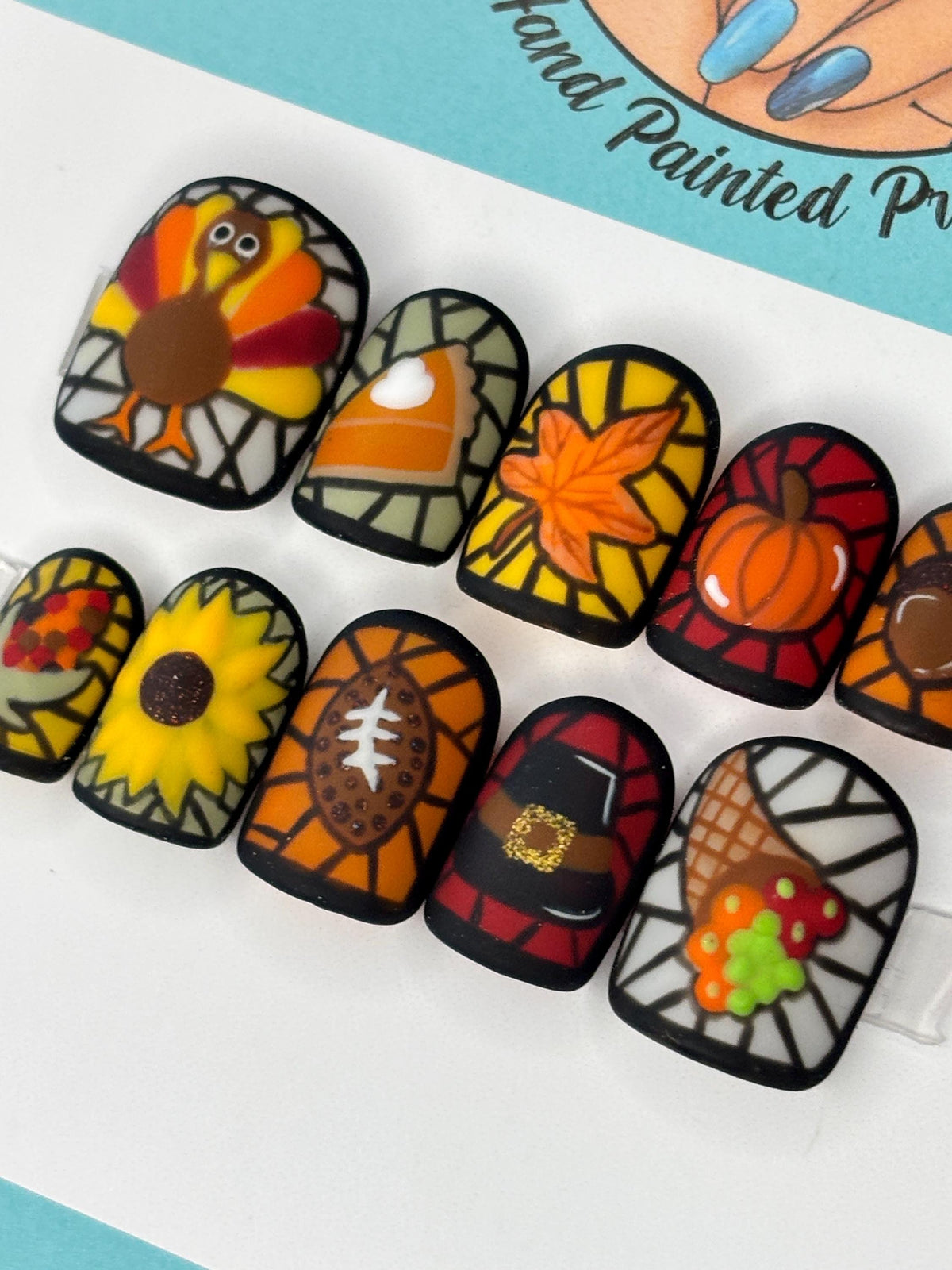 Stained Glass Thanksgiving Press On Nails With Autumn Motifs