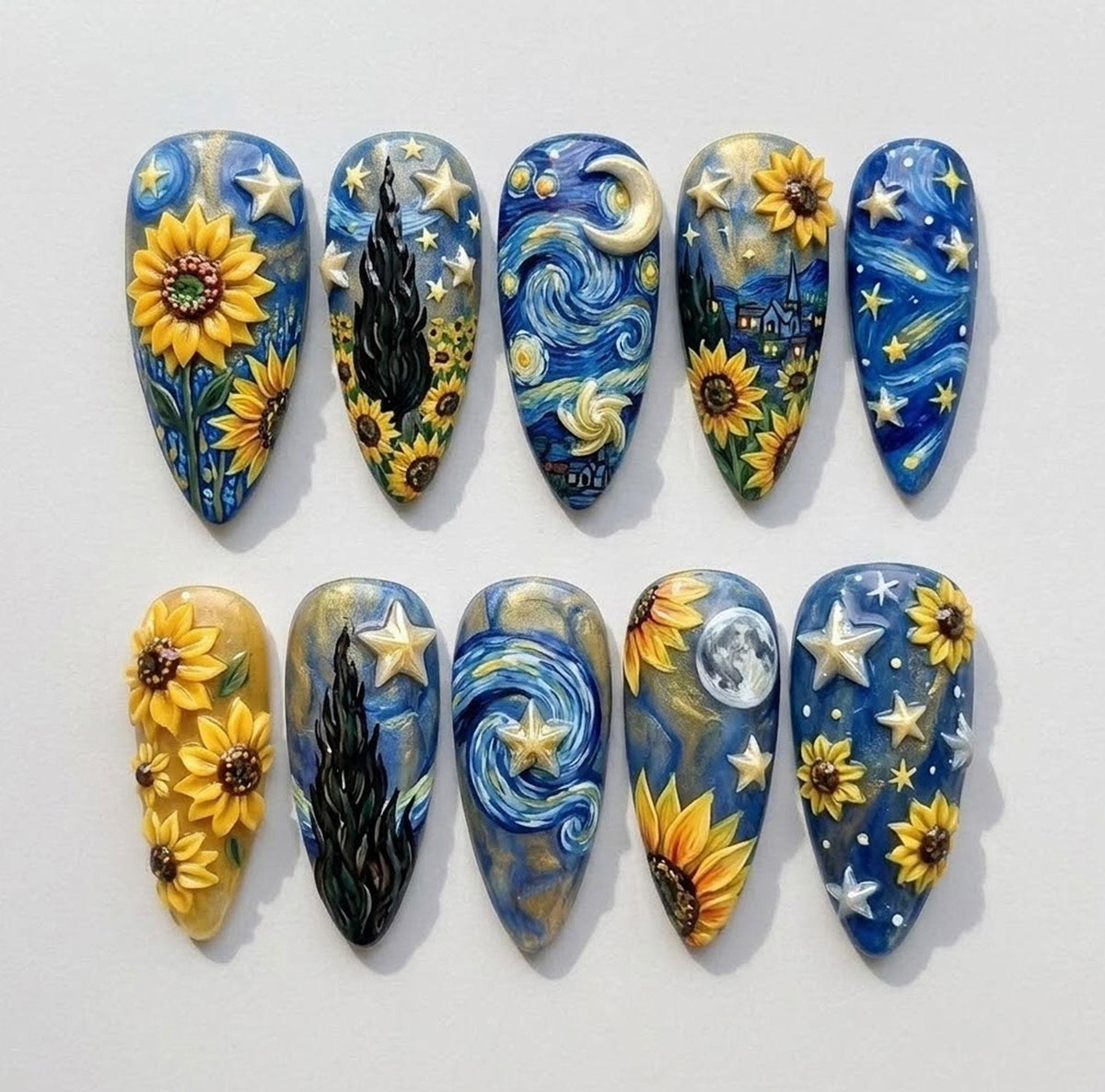 Starry Night and Sunflower Art Press-On Nails with 3D Flowers and Gold Stars