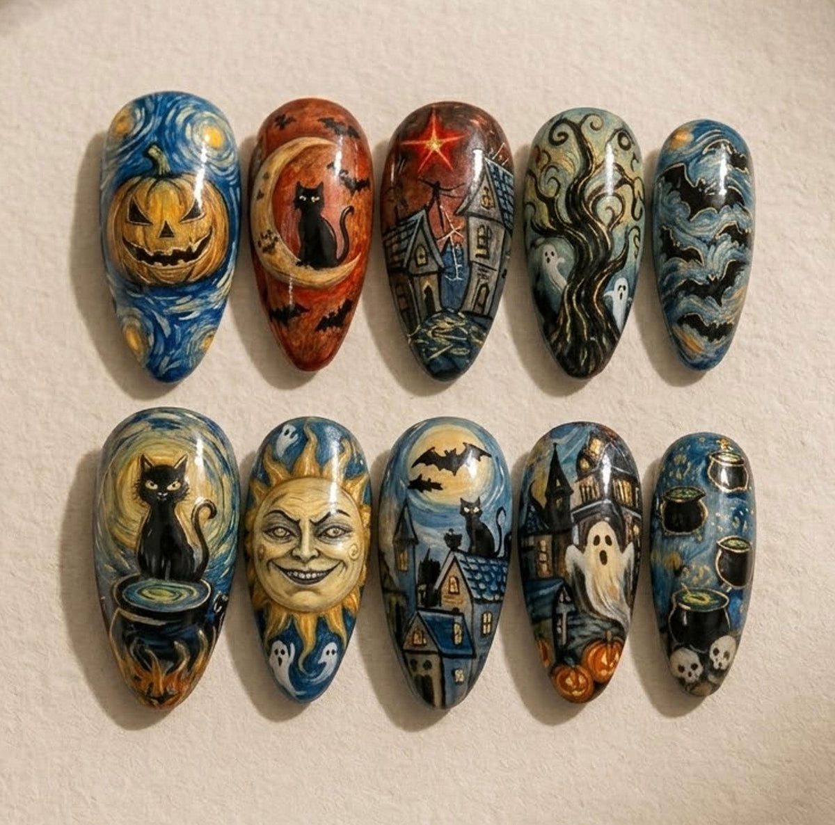 Starry Night Halloween Nails with Black Cats, Pumpkins and Haunted Houses