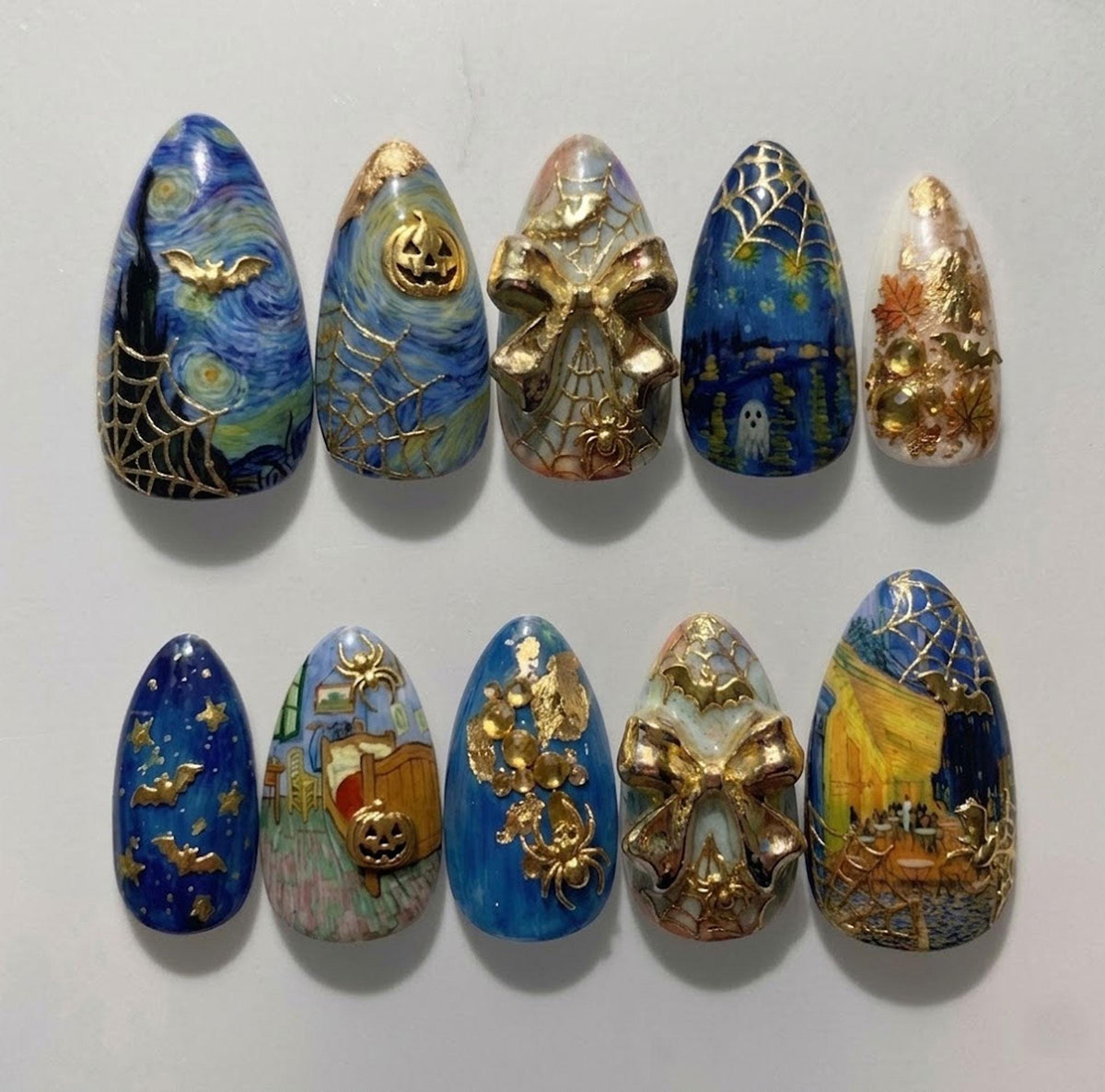 Starry Night Halloween Press-On Nails with Gold Webs, Bats and Pumpkins