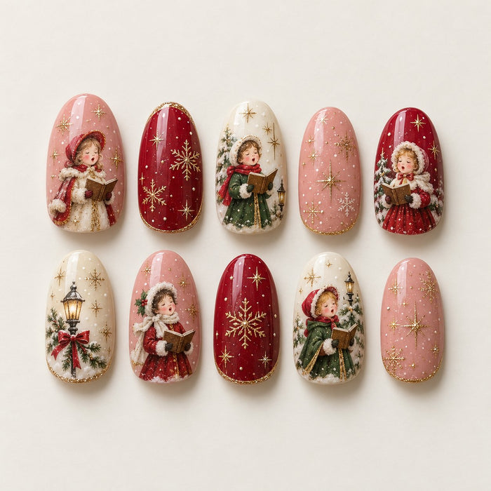 Storybook Christmas Caroler Press On Nails in Pink, Cranberry and Gold