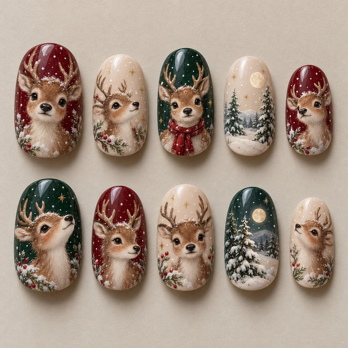 Storybook Reindeer and Moonlit Evergreen Christmas Nail Set