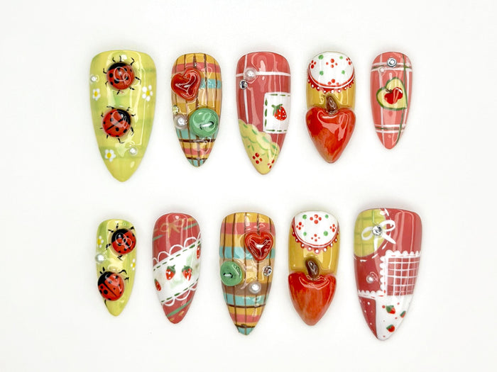 Strawberry and Ladybug Picnic Press On Nail Set with Plaid and Floral Details