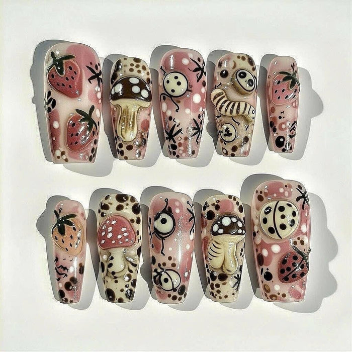 Strawberry and Mushroom Cottagecore Press On Nail Set