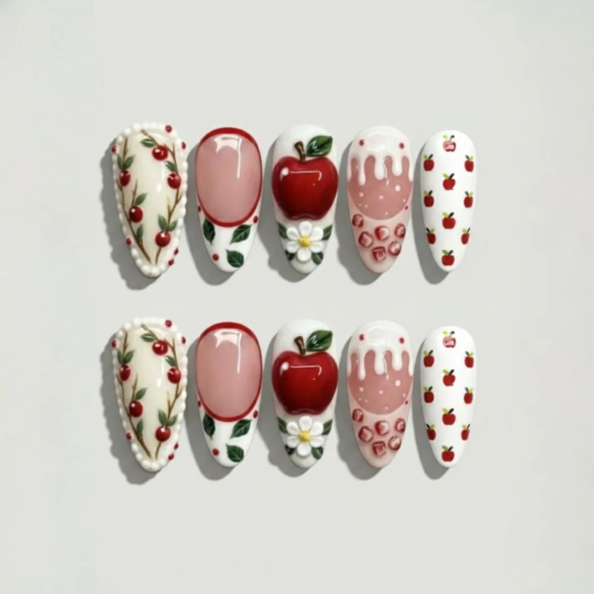 Strawberry and Red Fruit Nail Set with Flowers and Pink Polka Dots