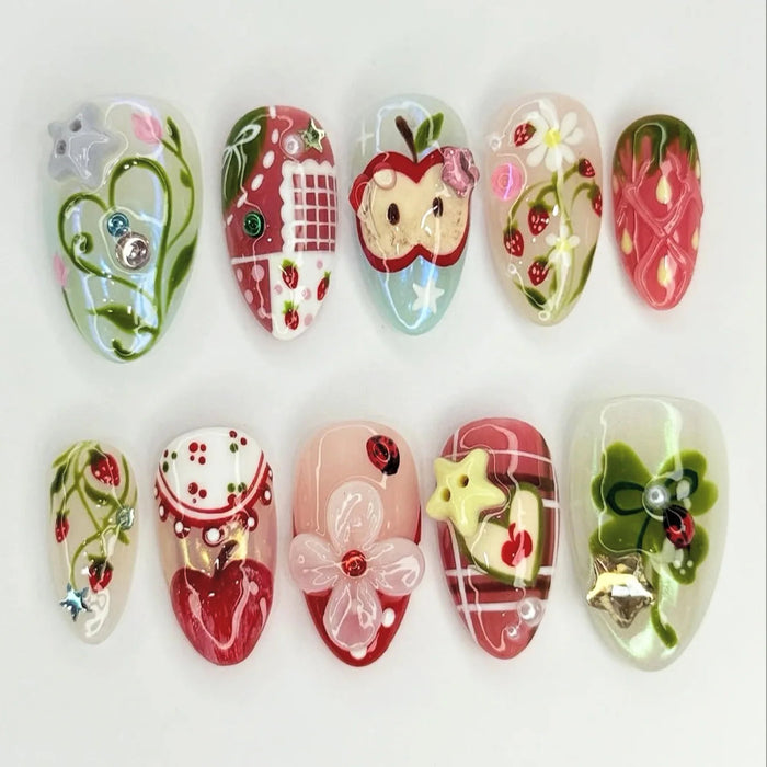 Strawberry Apple Plaid Press On Nails With 3D Flowers and Charms
