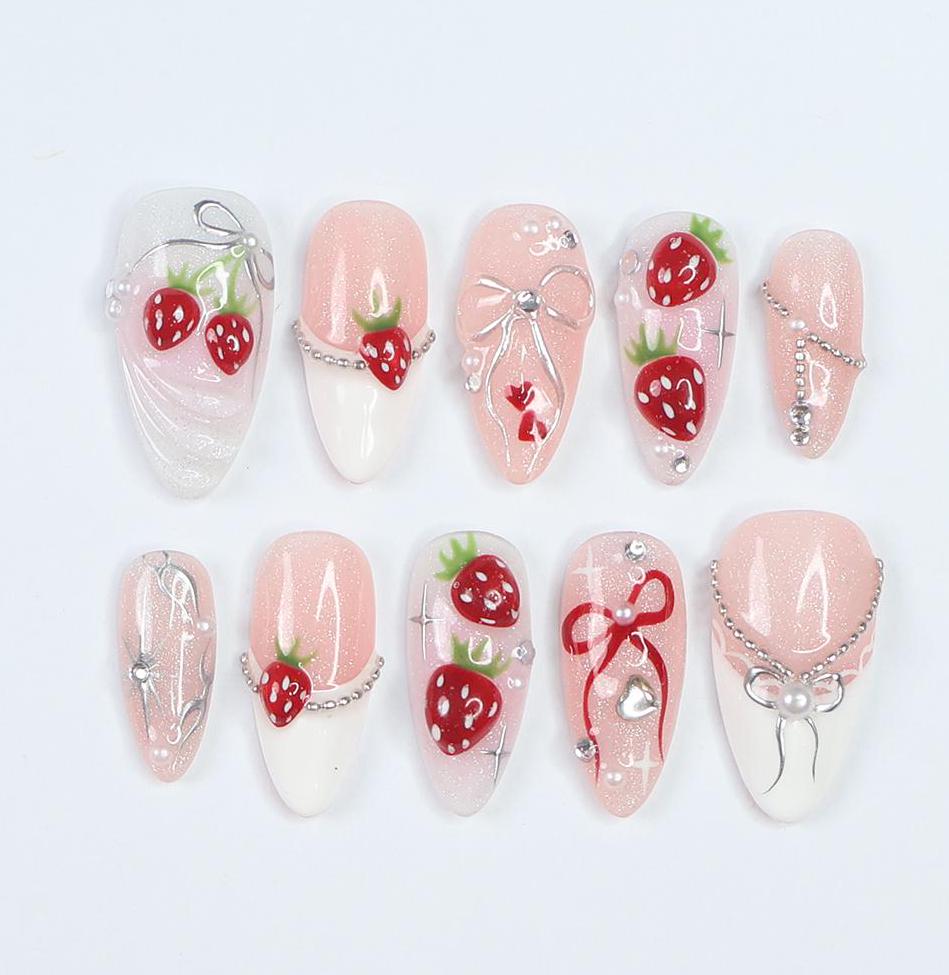 Strawberry Bow Press-On Nails With Pearls and Silver-Tone Details