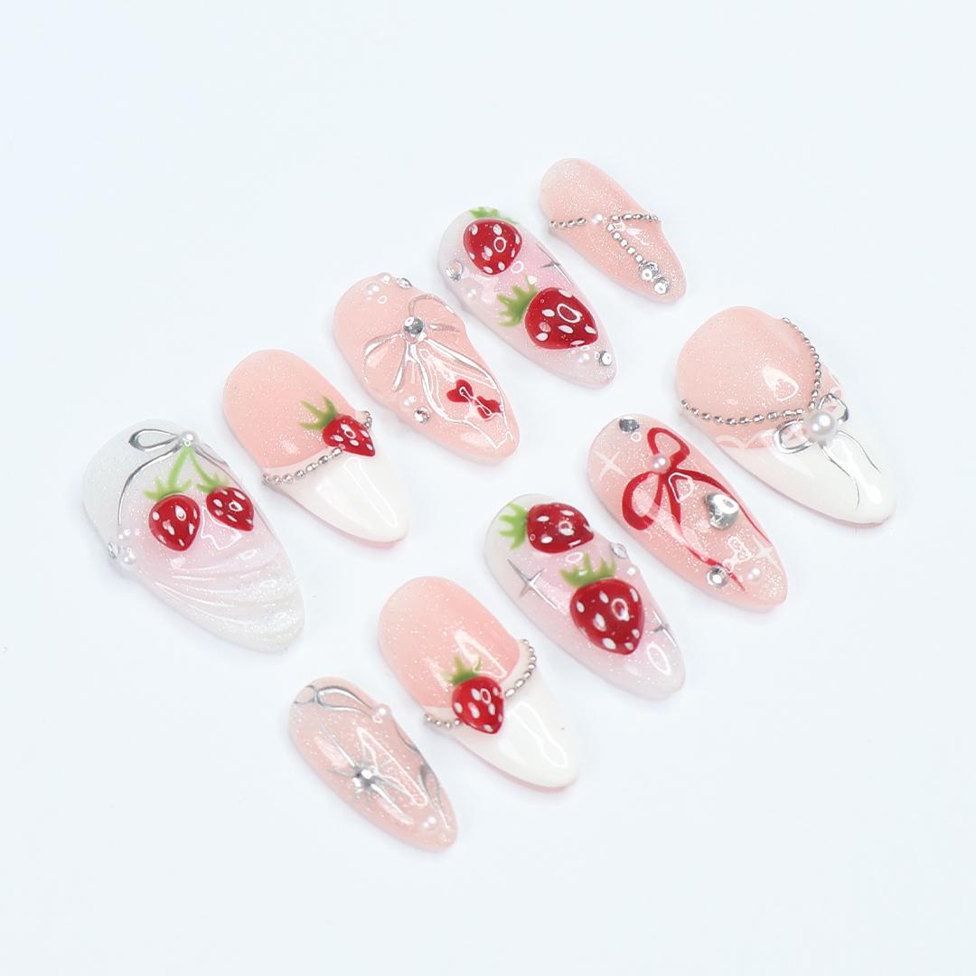 Strawberry Bow Press-On Nails With Pearls and Silver-Tone Details