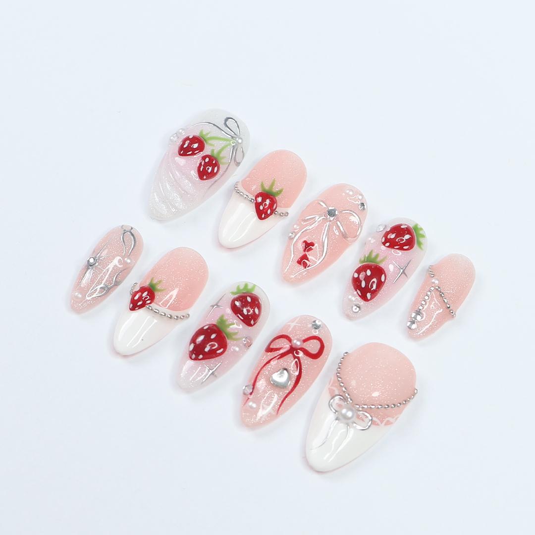 Strawberry Bow Press-On Nails With Pearls and Silver-Tone Details