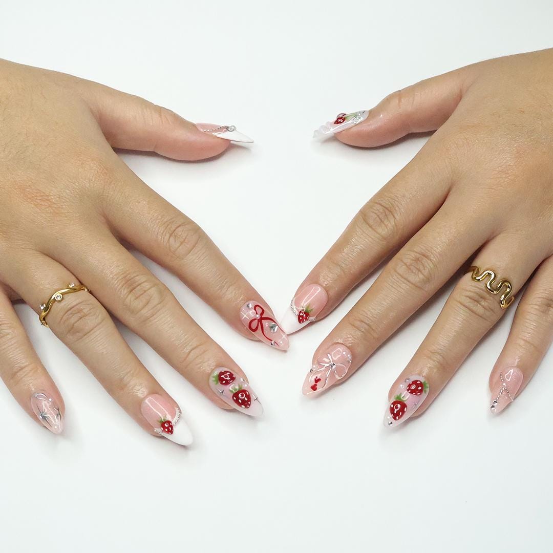 Strawberry Bow Press-On Nails With Pearls and Silver-Tone Details