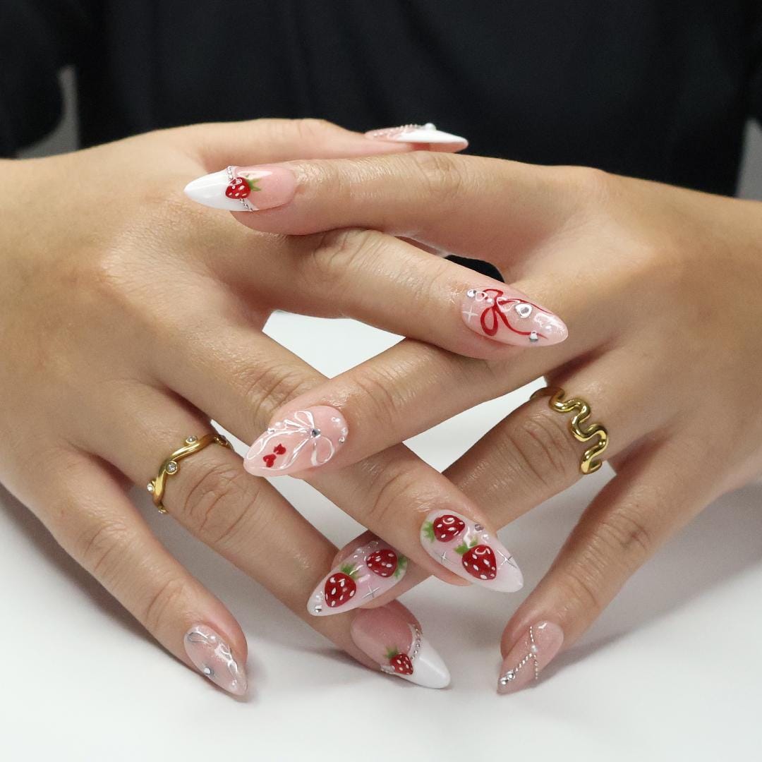 Strawberry Bow Press-On Nails With Pearls and Silver-Tone Details