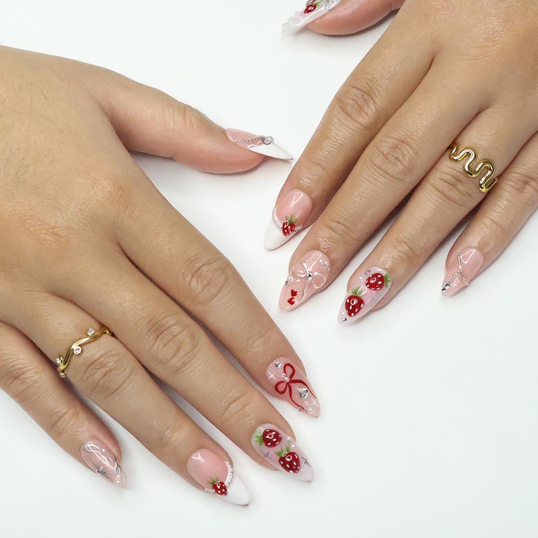 Strawberry Bow Press-On Nails With Pearls and Silver-Tone Details